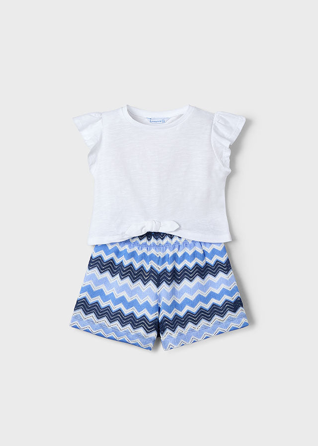 SS25 Mayoral Girls Blue & White Chevron Short Set 3209