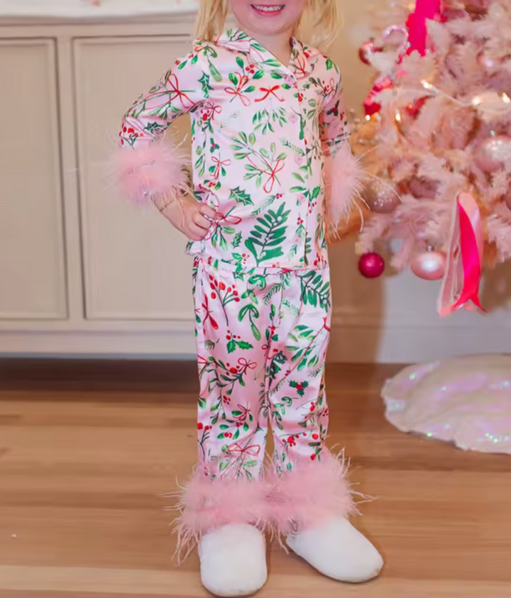 Christmas Girls Pink Misletoe & Bows Pyjamas