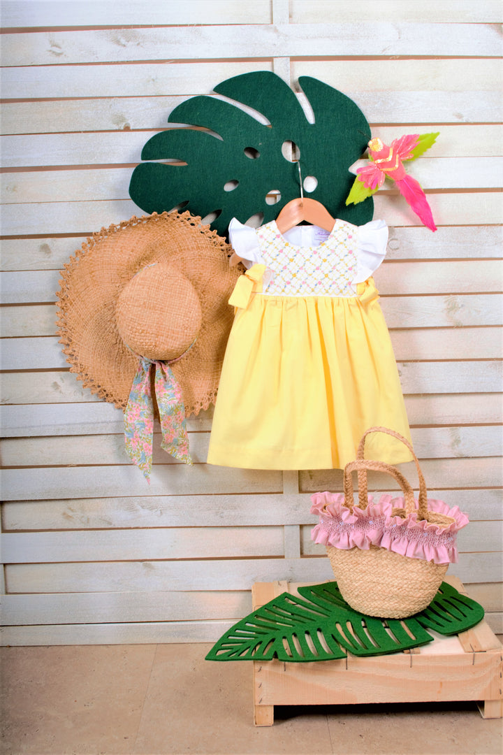 SS23 Kidiwi Girls Leanne Lemon & White Smocked Dress