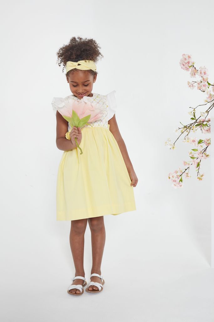 SS23 Kidiwi Girls Leanne Lemon & White Smocked Dress