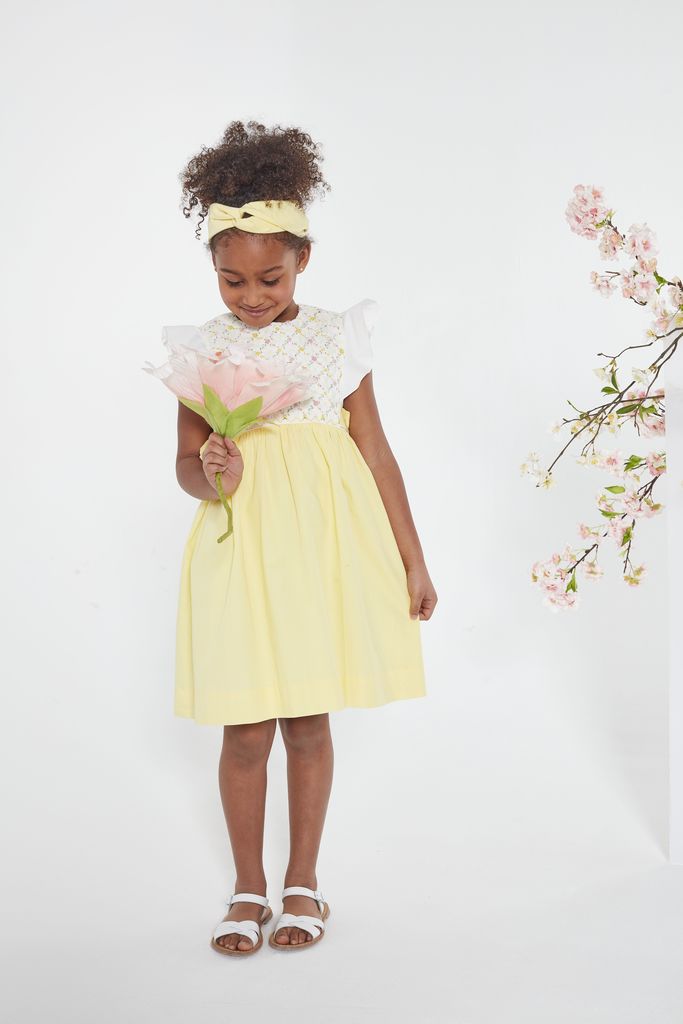SS23 Kidiwi Girls Leanne Lemon & White Smocked Dress