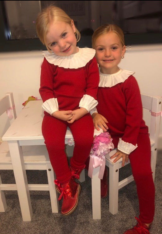 Aurea Pleated Collar Red Girls Knit Tracksuit