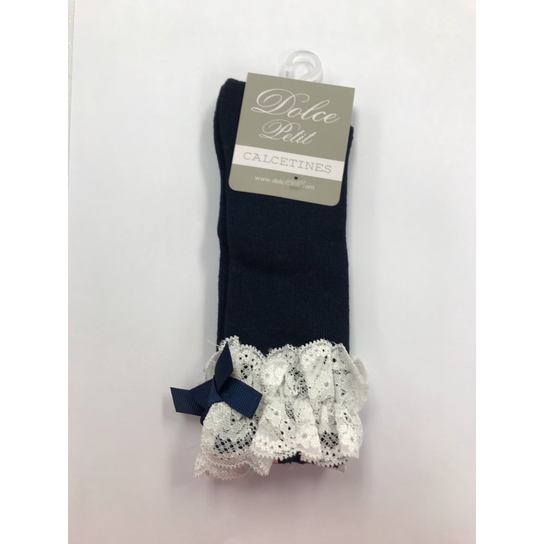 Dolce Petit Girls Navy Blue Bow & Lace Knee High Socks 2503-C