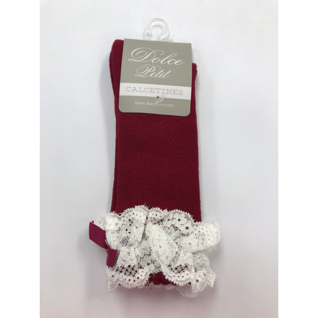 Dolce Petit Girls Burgundy Bow & Lace Knee High Socks 2503-C