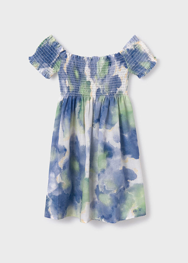 SS24 Mayoral Older Girls Blue & Green Smocked Dress 6953