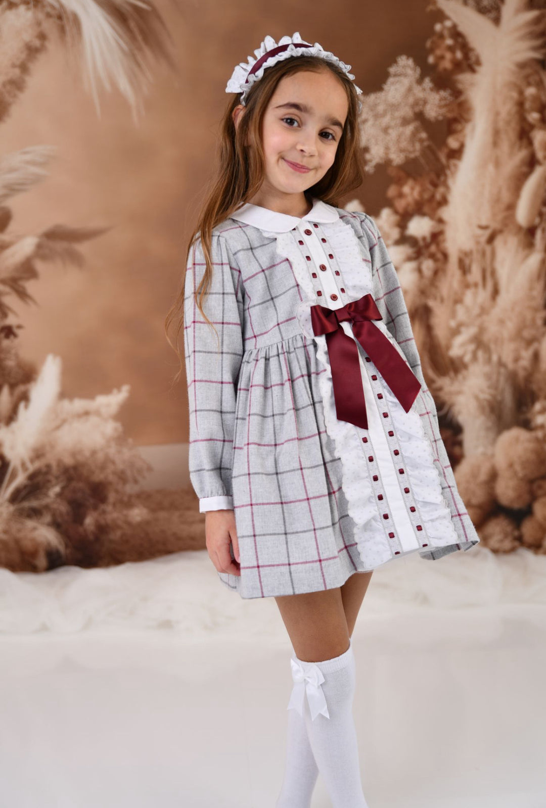 AW24 Rochy Girls Grey & Burgundy Bow Dress AW24 Rochy Girls Grey & Burgundy Bow Dress