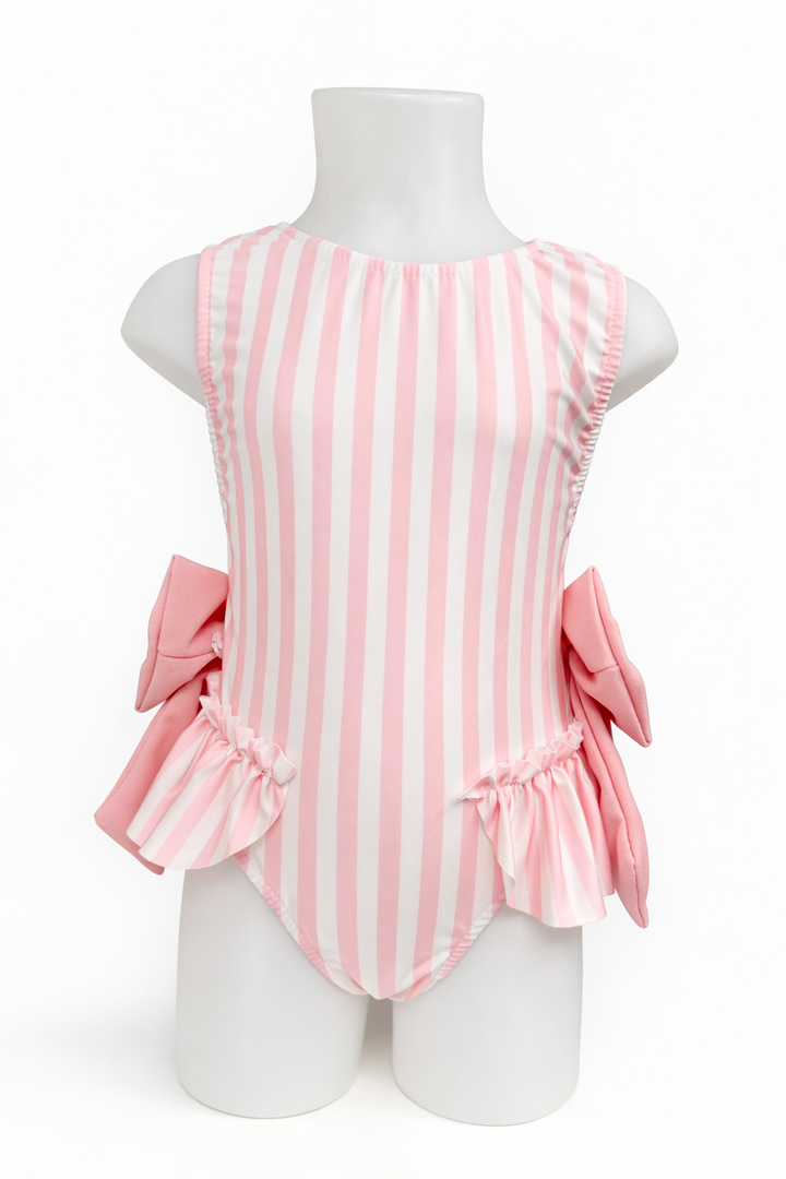 Girls Pink Stripe Bow Swimsuit - Liquorice Kids