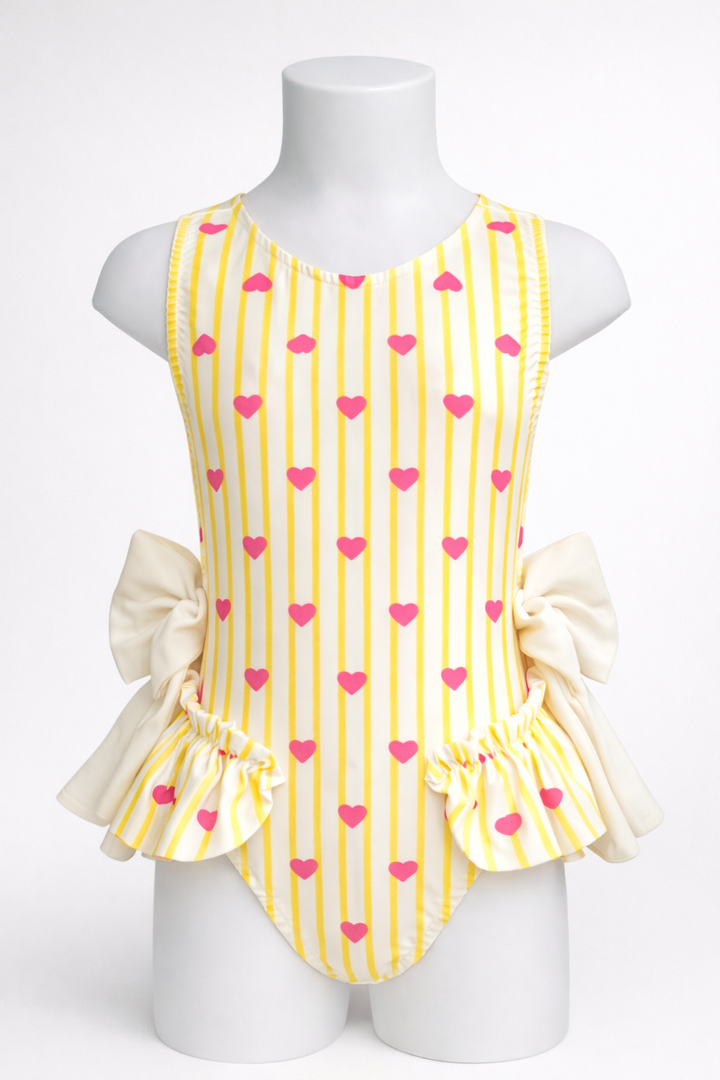 Yellow Hearts Frill Bow Girls Swimsuit - Liquorice Kids