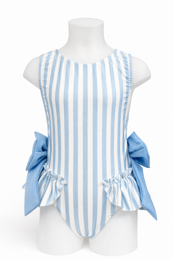 Girls Blue Stripe Bow Swimsuit - Liquorice Kids