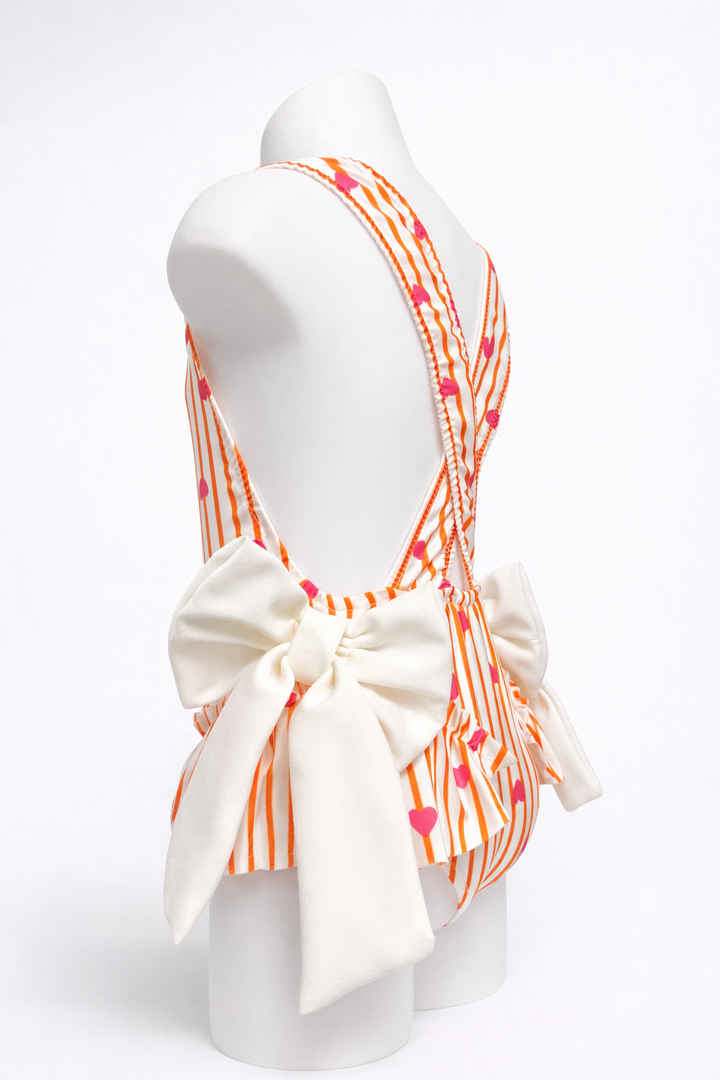 Orange Hearts Girls Swimsuit With Bow Detail - Liquorice Kids