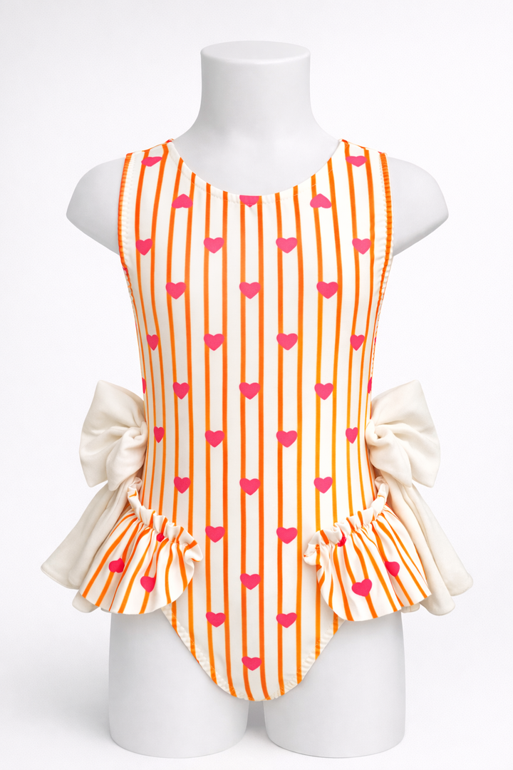 Orange Hearts Girls Swimsuit With Bow Detail - Liquorice Kids