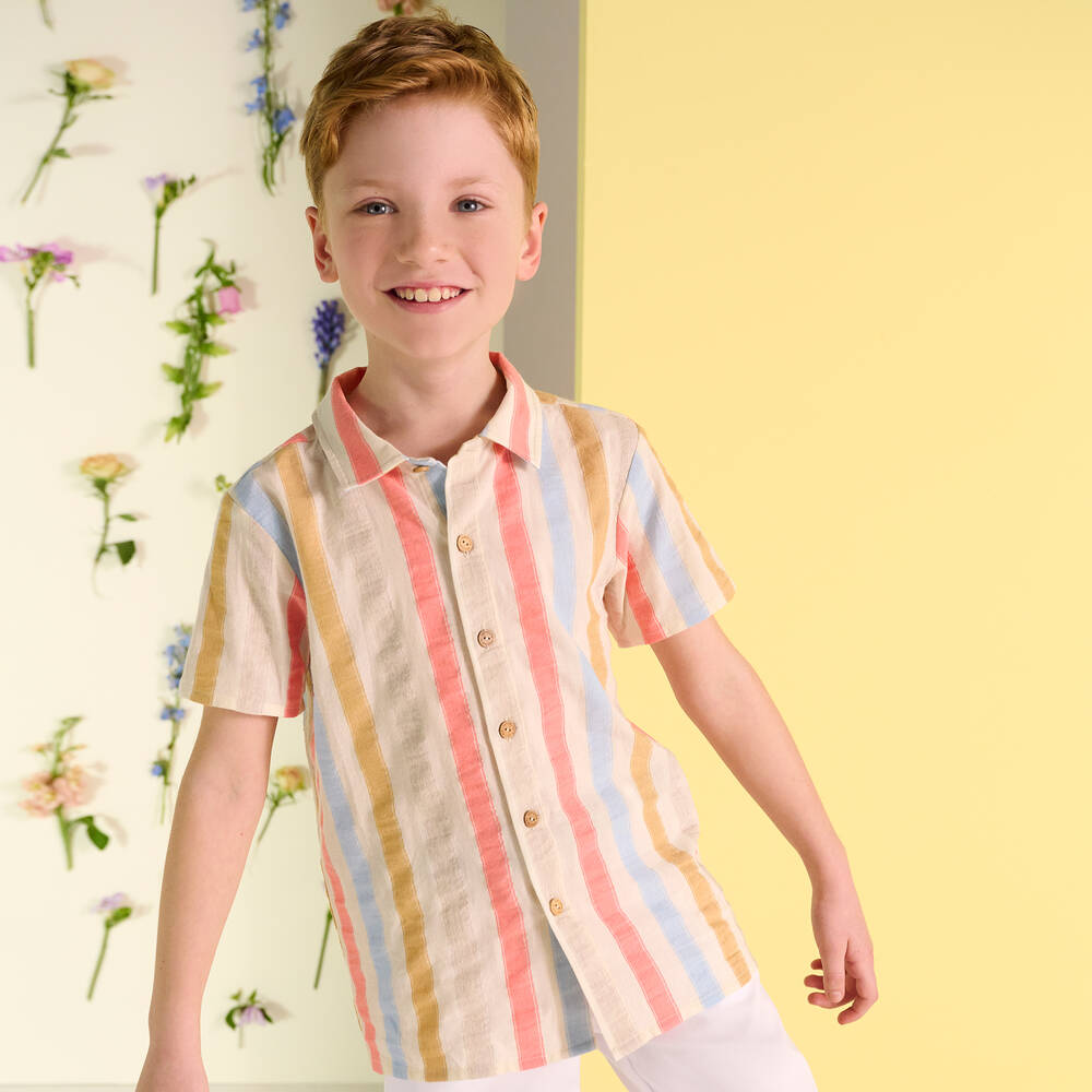 SS24 Laranjinha Boys Beige Striped Shirt