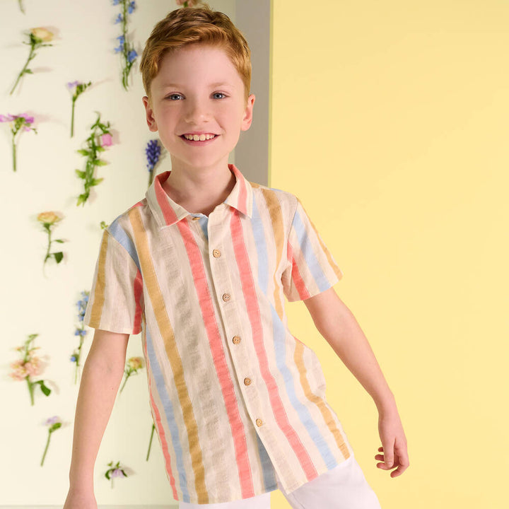 SS24 Laranjinha Boys Beige Striped Shirt