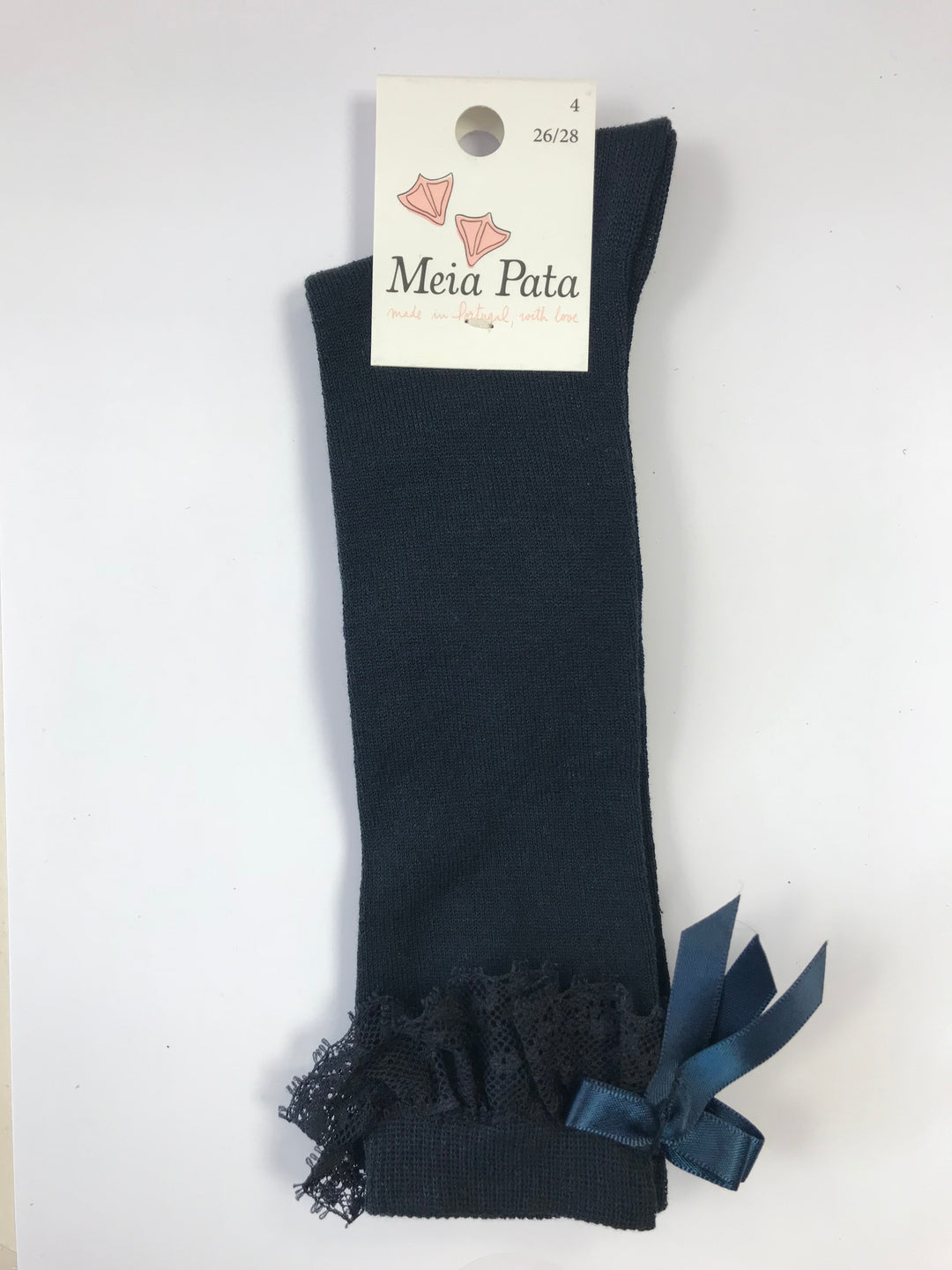 Meia Pata Navy Blue Lace & Satin Bow Knee High Socks
