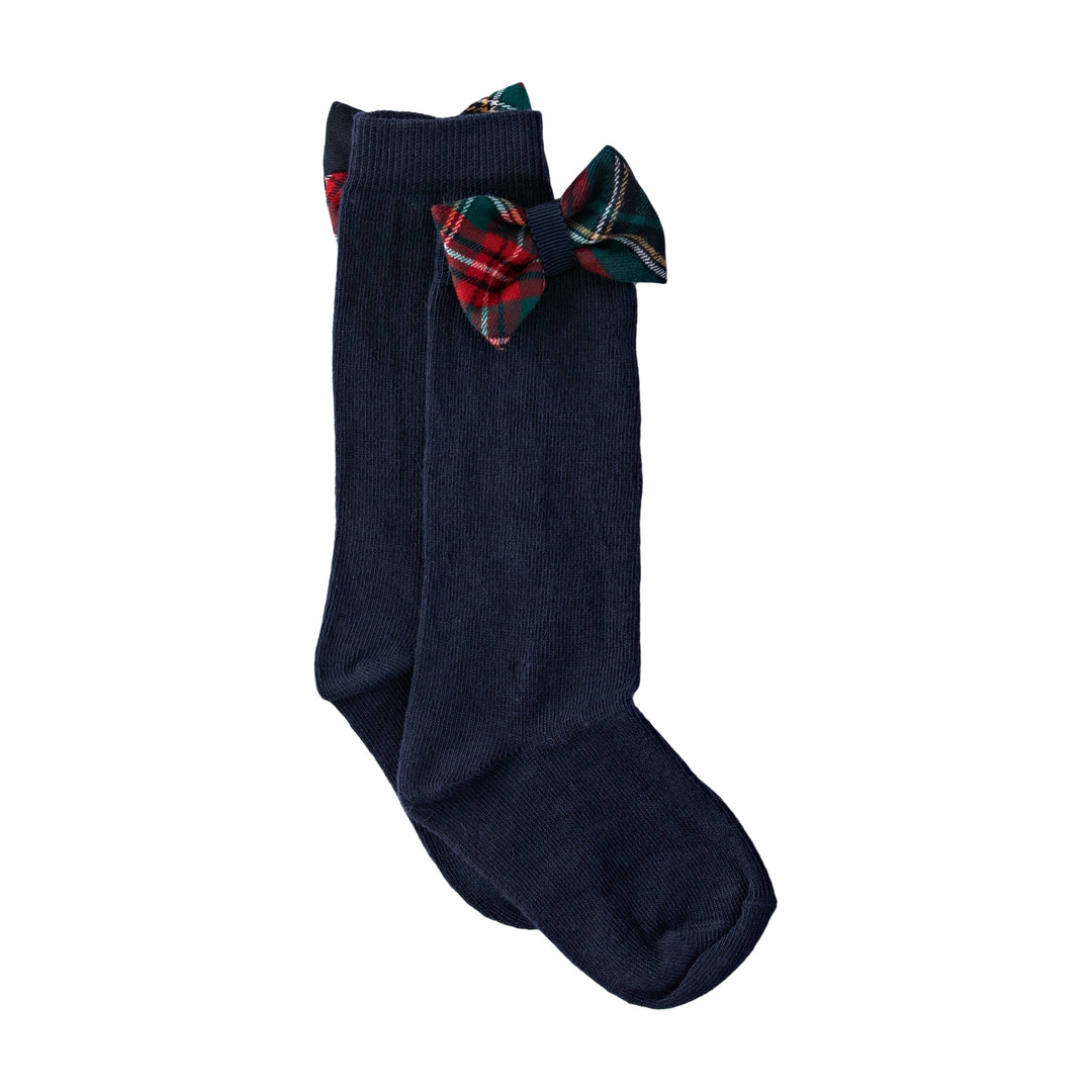 AW23 Patachou Girls Navy Blue Tartan Bow Knee High Socks - Liquorice Kids