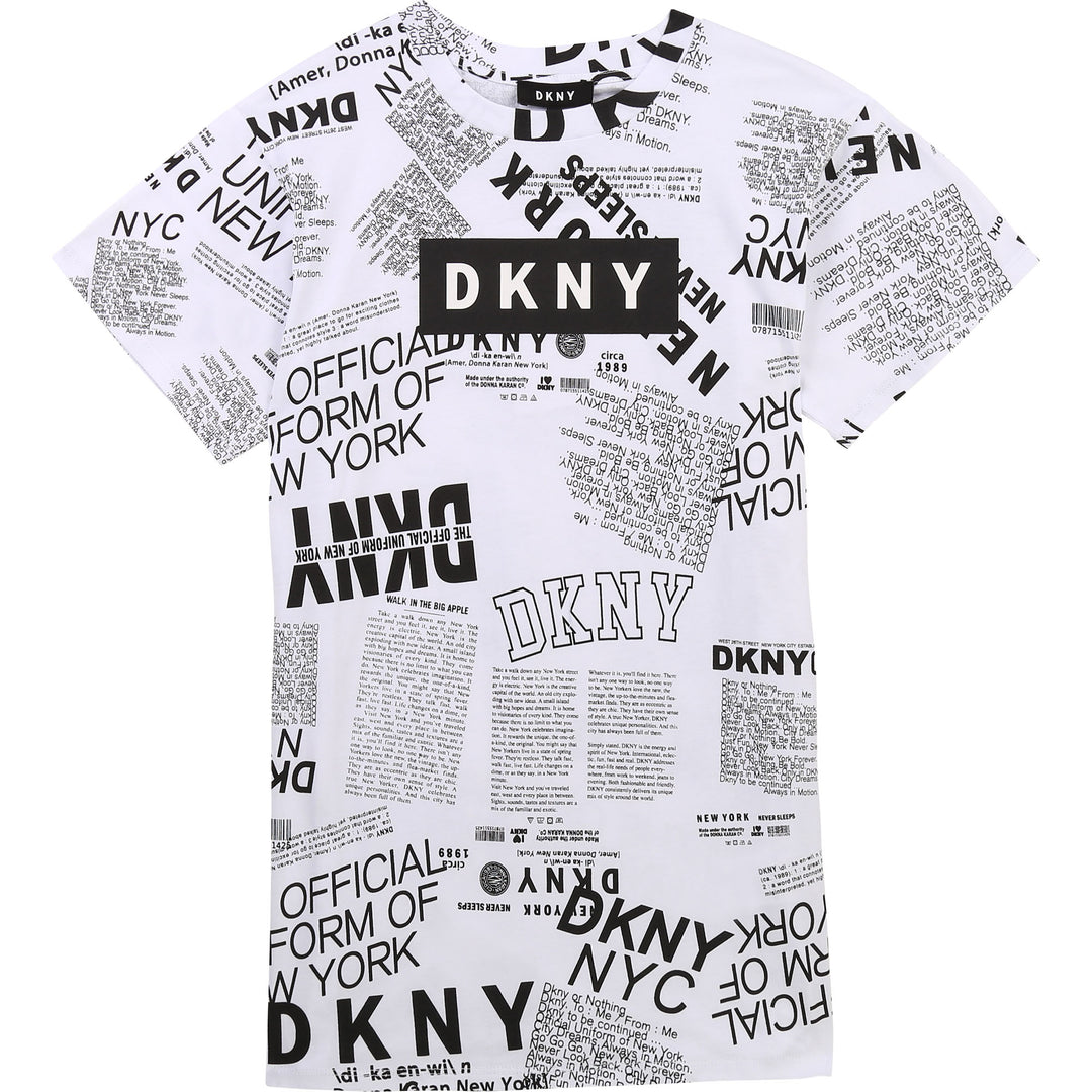 SS21 DKNY Girls White & Black Newspaper Print Dress - Liquorice Kids