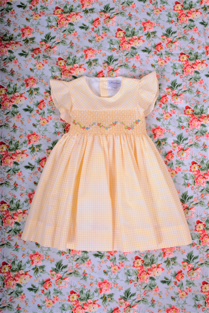 SS23 Kidiwi Girls Albane Lemon & White Smocked Dress