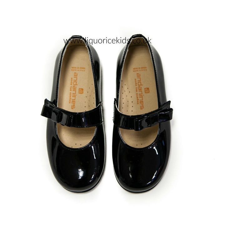 Andanines Black Patent Mary Janes with Black Bow - Liquorice Kids