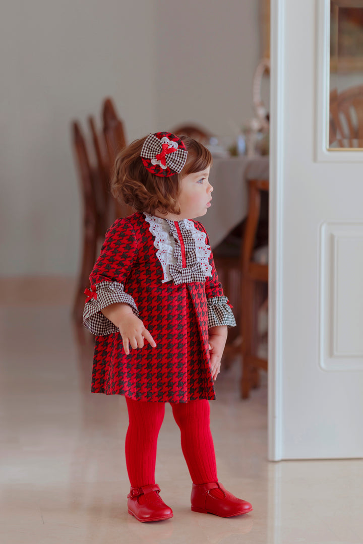AW22 Miranda Baby Girls Red & Black Dogtooth Dress & Knickers Set 147-VB