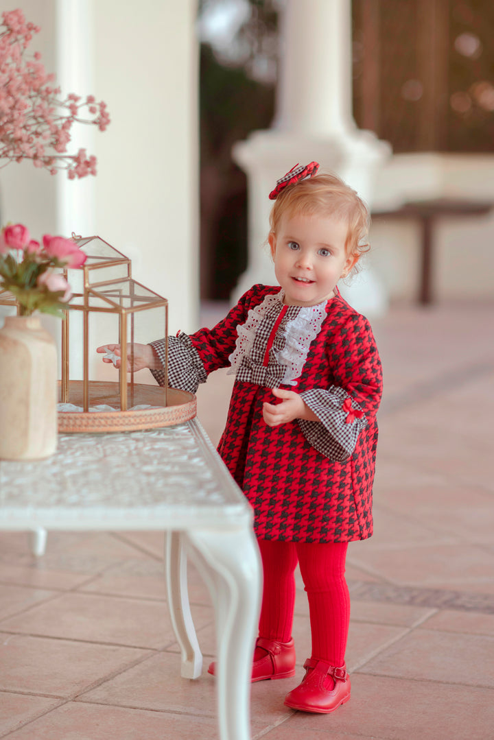 AW22 Miranda Baby Girls Red & Black Dogtooth Dress & Knickers Set 147-VB