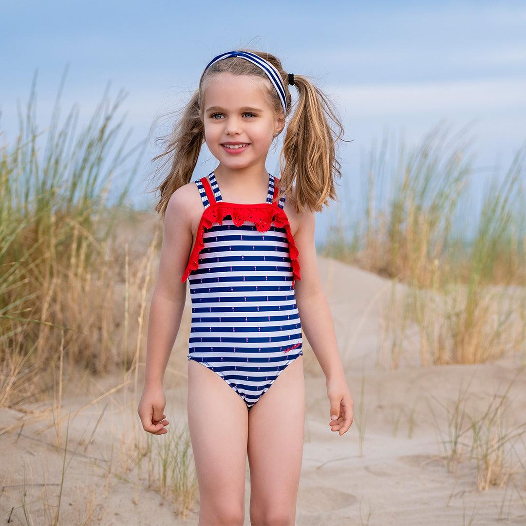 SS20 Tutto Piccolo Girls Navy Blue White Stripe Swimming Costume 8074