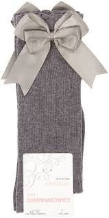Carlomagno Grey Double Bow Knee High Socks - Liquorice Kids